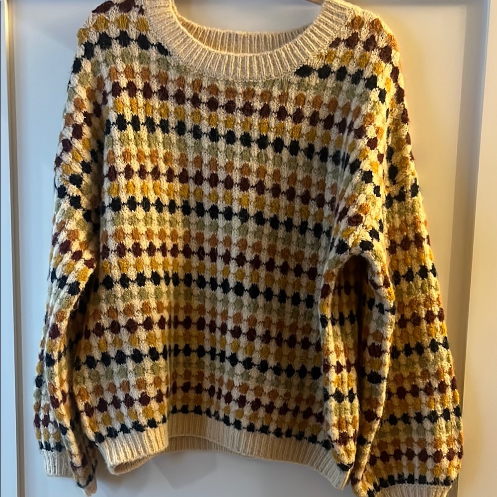 Cream and Brown Crew Neck Sweater with Vintage Pattern